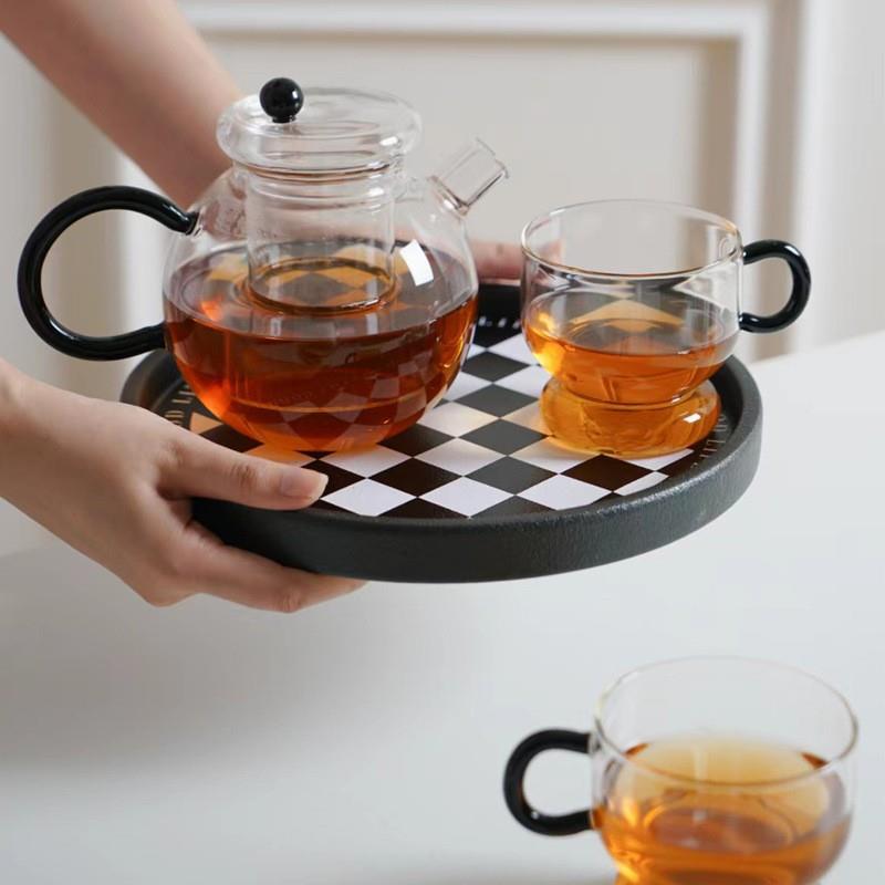 北欧高硼硅耐热圆润茶壶白色握把黑色握把带过滤 煮泡茶壶套装