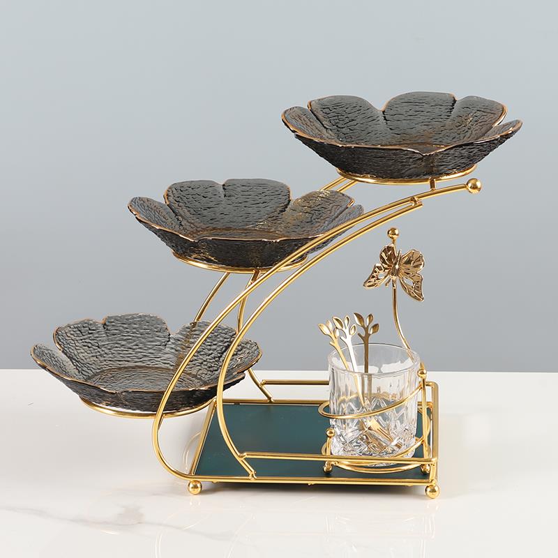 高档璃奢端玻水果盘创意客厅茶几糖果干果盘多层果盘家轻用高托盘