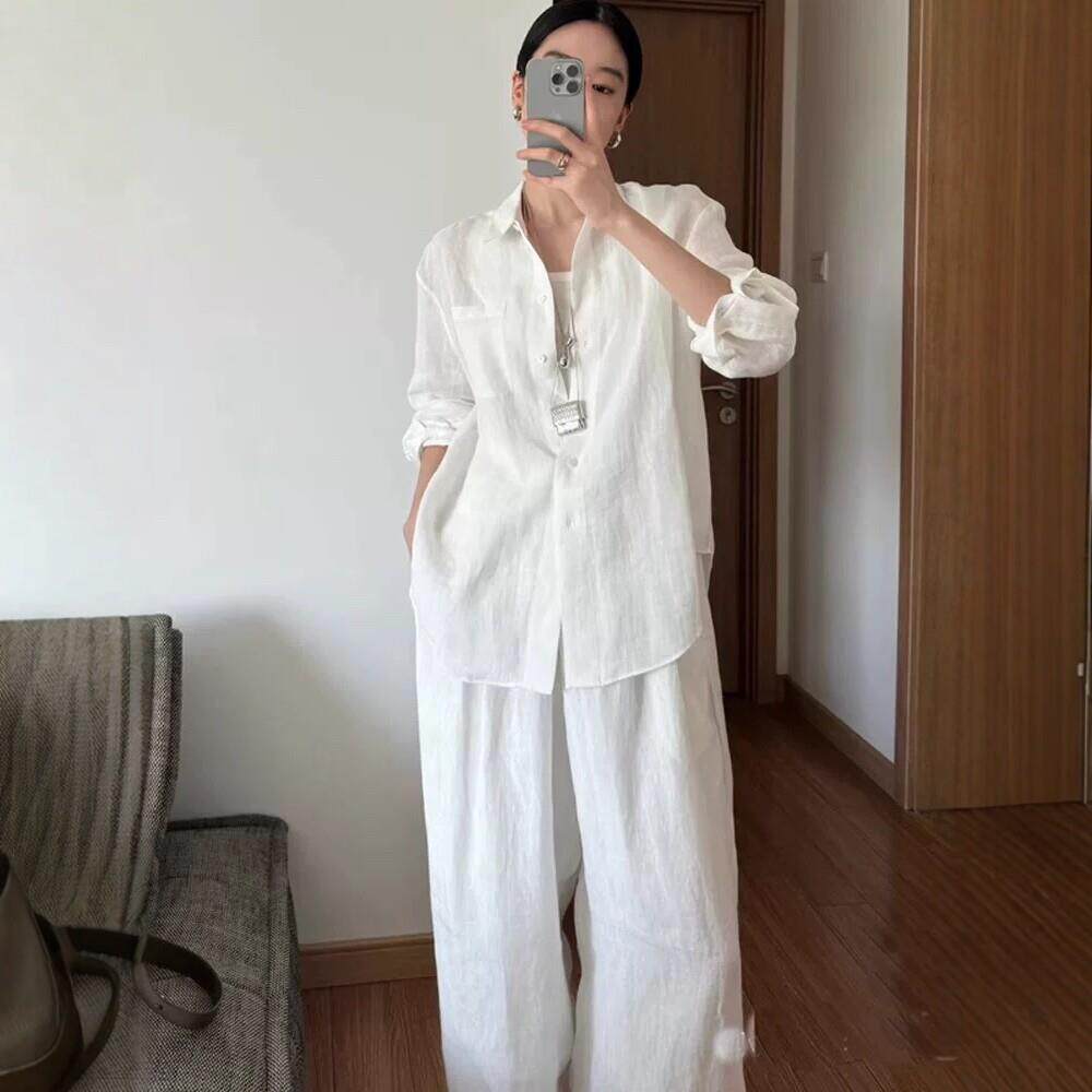 韩国天丝亚麻白色老钱风衬衫女夏季薄款正肩宽松休闲棉麻防晒外套
