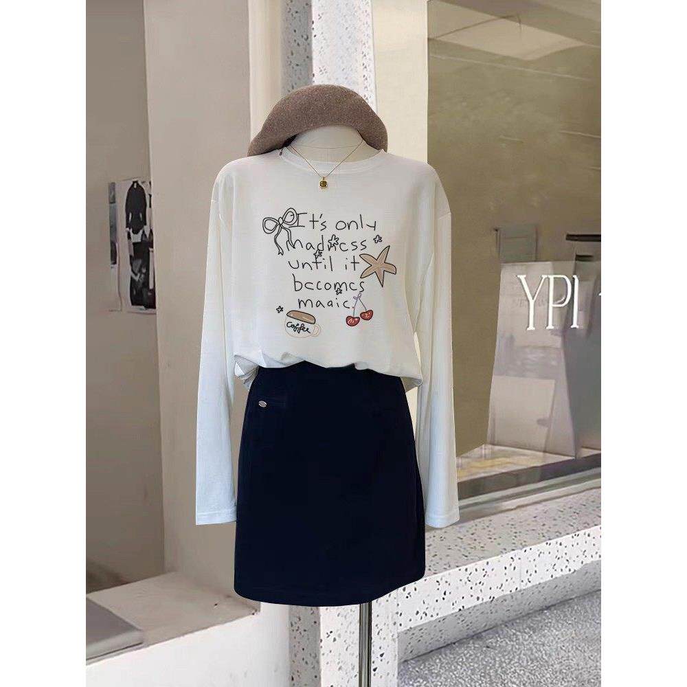 韩国2025新款正肩纯棉长袖t恤女时尚百搭减龄上衣内搭打底衫秋季