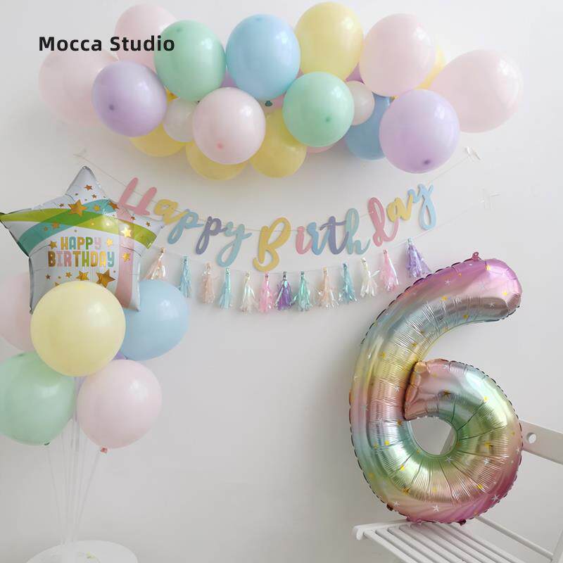 小清新马卡龙星星气球桌飘炫彩流苏雨丝周岁生日装饰场景布置道具