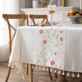 现代简约绣花棉麻布艺白色，小碎花田园法式家用西餐厅餐桌布台布