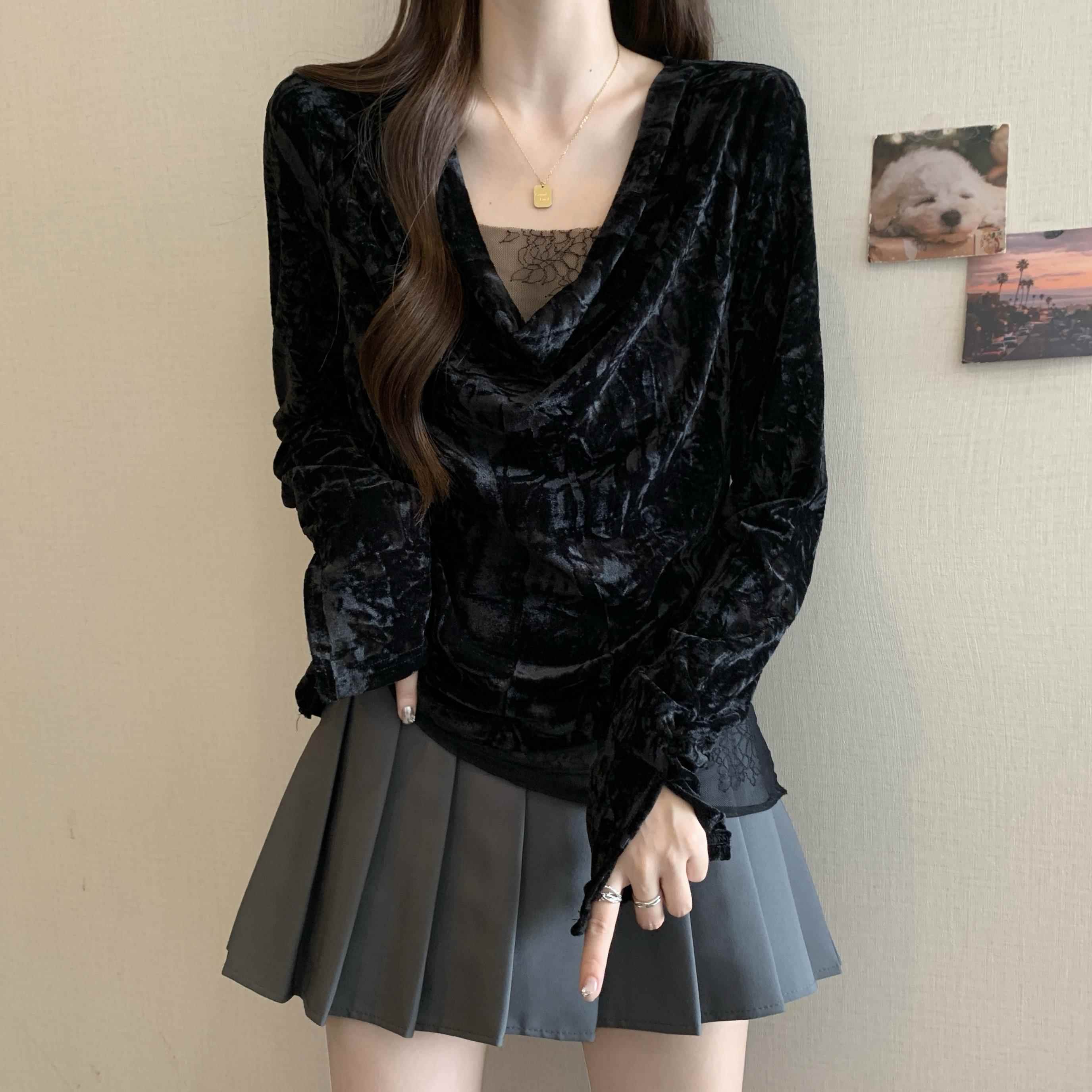 秋冬长袖荡领拼接蕾丝金丝绒上衣女大码胖mm洋气小衫内搭打1012z