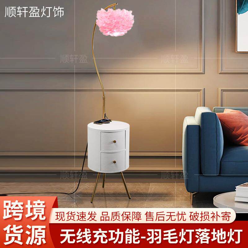 卧室落地灯客厅高级感床头柜一体台灯装饰置物摆件氛围灯羽毛灯