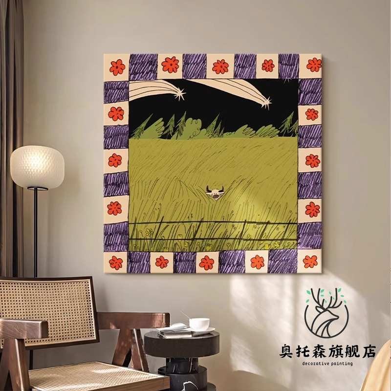 美式草原风景客厅装饰画复古田园风艺术壁画可爱牛背景墙玄关挂画图片