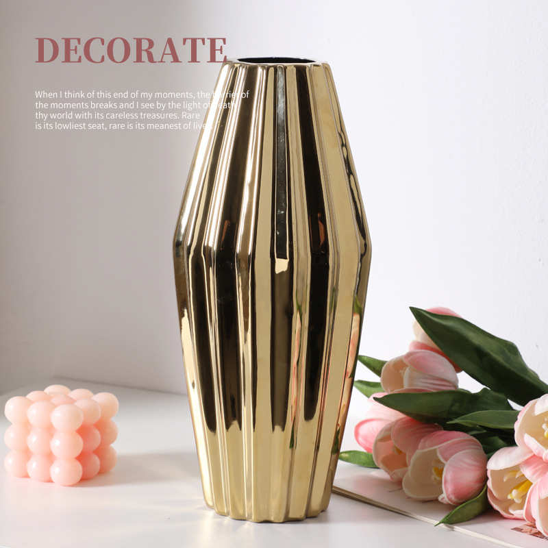北欧简约电镀金色陶瓷花瓶摆件样板房装饰品软装电镀插花花器摆件