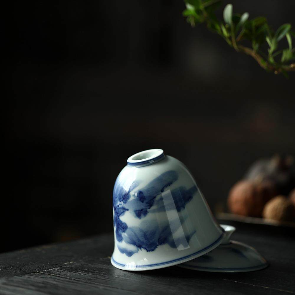 柴窑仿古青花山水盖碗内外手绘盖杯单个迷你小号不烫手寒窑泡茶碗