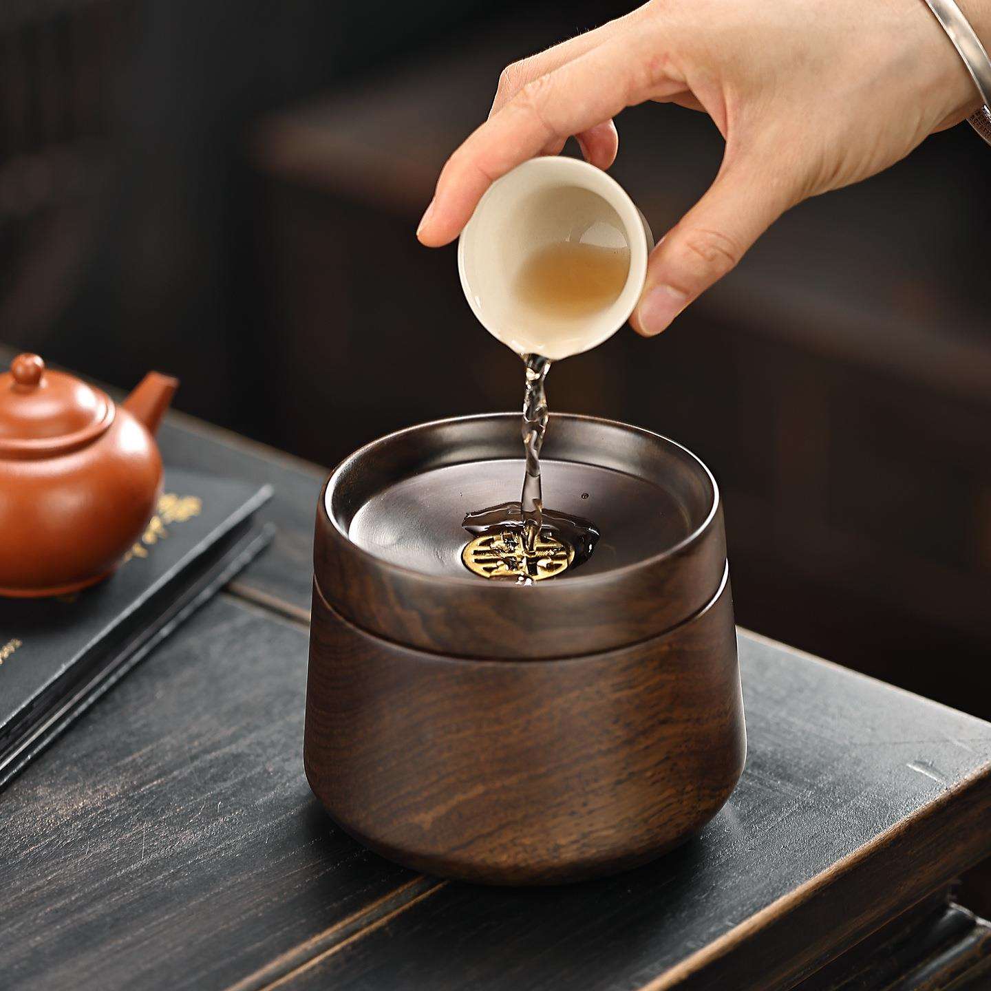 整块黑檀木茶渣缸茶洗家用带盖复古建水废水茶缸桌面水盂杯洗茶道