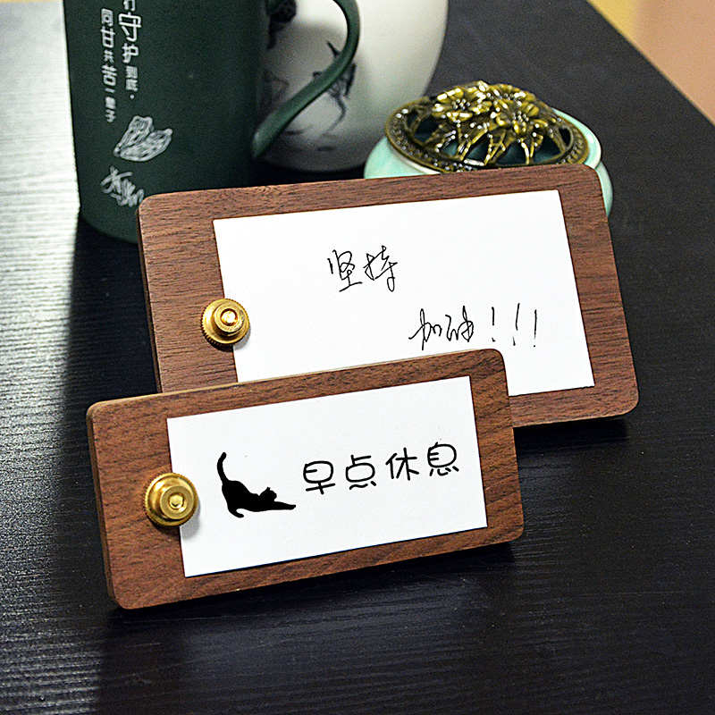 复古ins风黄铜实木吧台展示架 标签名片夹收银台二维码展示留言