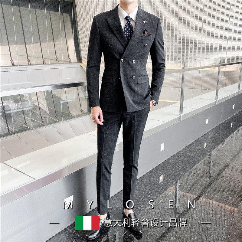 迈洛森西装男套装英伦帅气商务休闲 正装新郎西服条纹双排扣婚礼