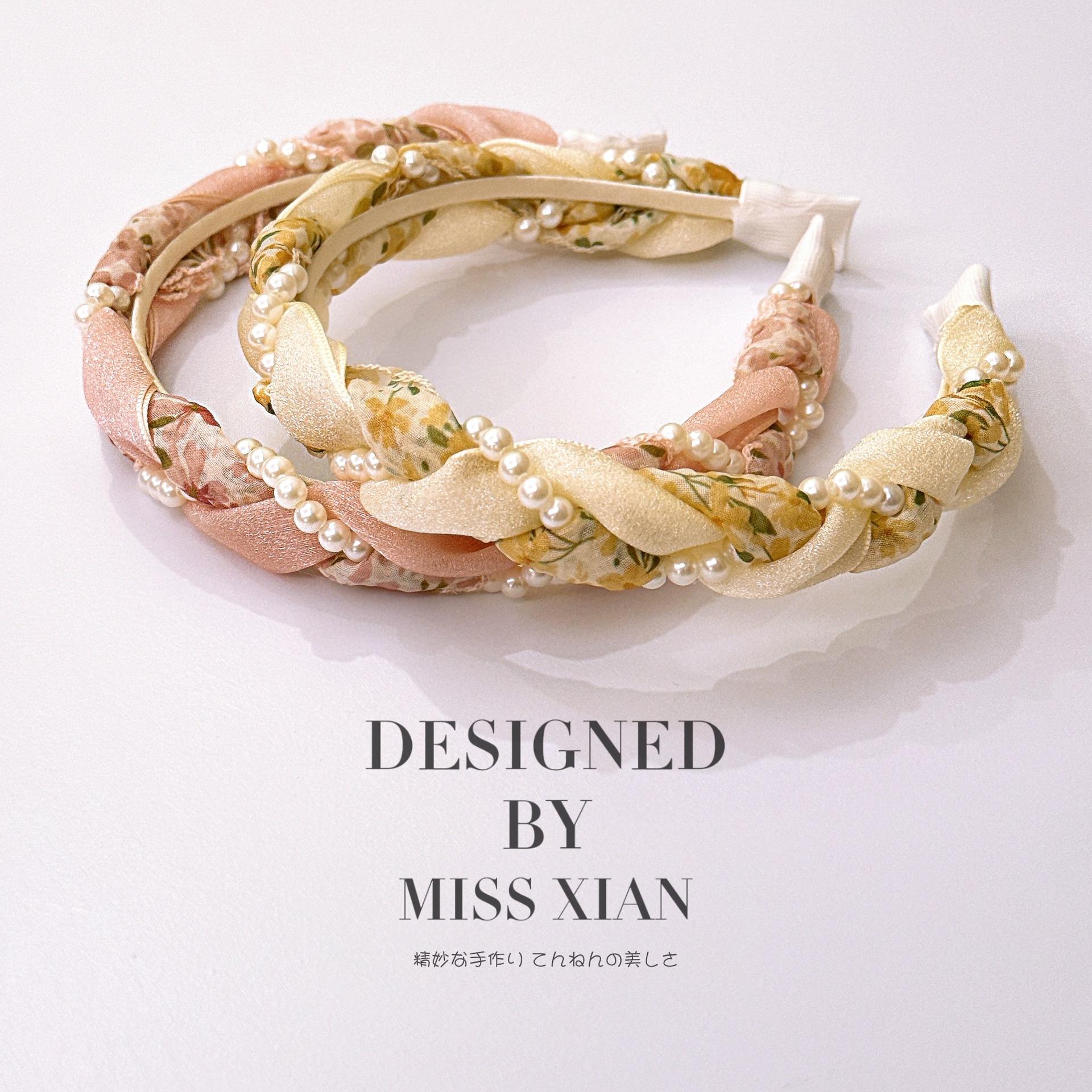 韩国碎花珍珠麻花发箍气质发饰