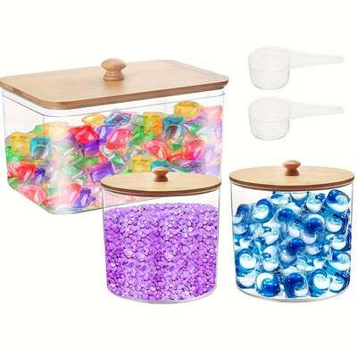 3pcs洗衣容器93盎司大号洗衣存储罐带竹制盖子收纳洗衣房整盒