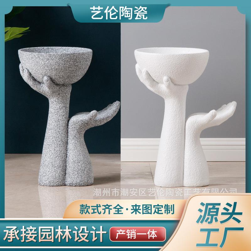 样板房餐厅艺术装饰品手托碗大摆件创意家居砂岩花瓶镁泥高脚花盆