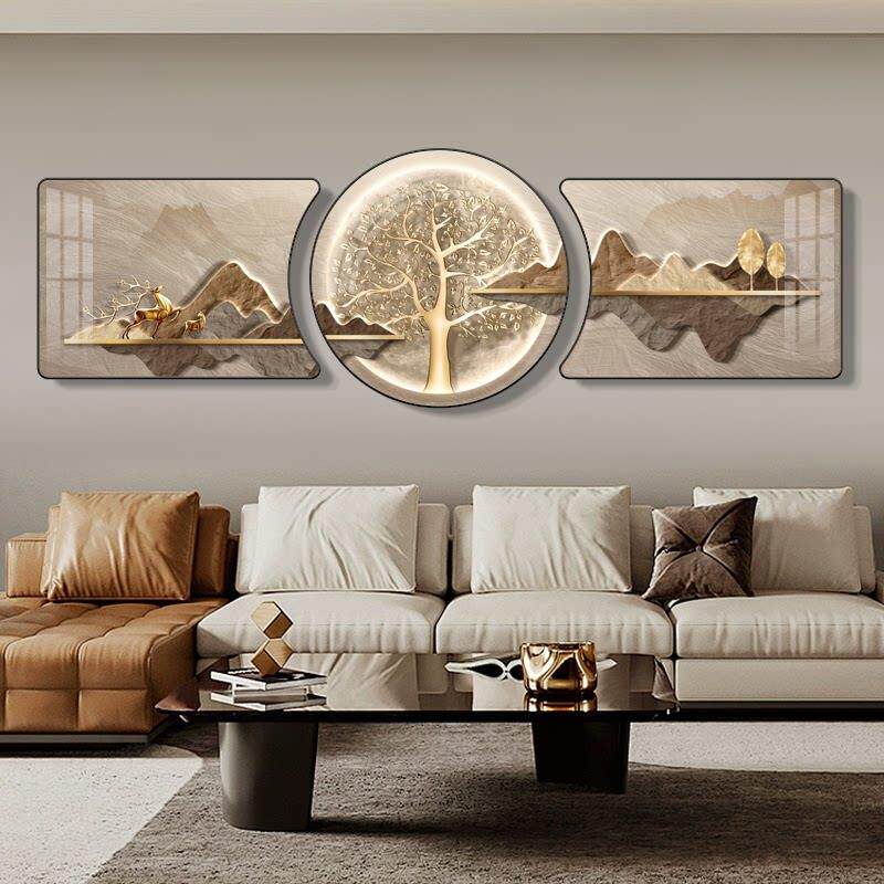 福鹿轻奢客厅装饰画背有靠山沙发背景墙挂画高级感大气发财树壁画
