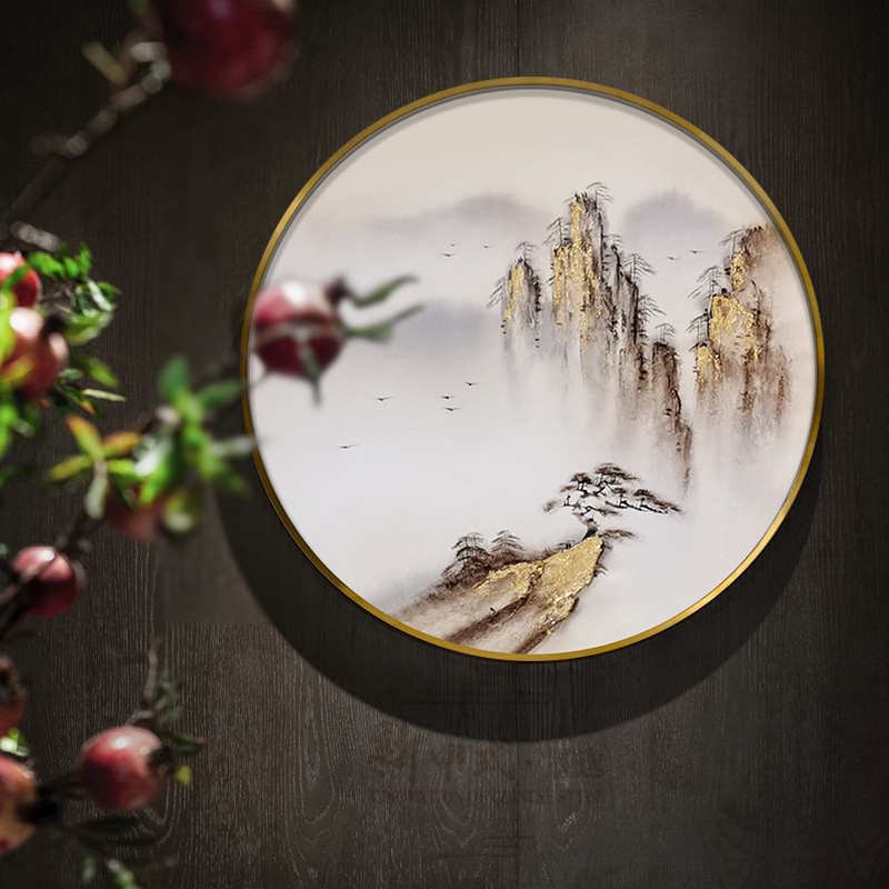 新中式圆形装饰画轻奢客厅挂画过道玄关尽头立体壁画纯手绘油画图片