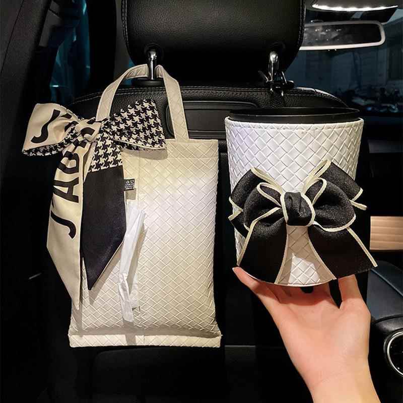 绿皮车饰品车载纸巾盒蝴蝶结汽车网红轻奢北欧座椅皮革挂式纸巾包