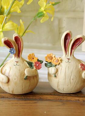 美式乡村经典仿木纹可爱俏皮阳光胖胖兔一对家居装饰品工艺摆设