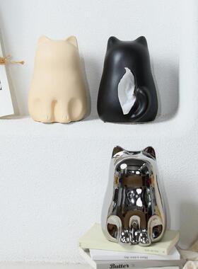 现代简猫咪陶约纸巾盒瓷摆件SLW创意纸抽盒客厅玄关几茶桌面装饰
