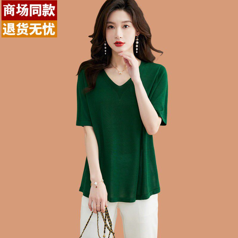 桑蚕丝短袖t恤女士2026新款夏薄款洋气遮肚子显瘦v领冰丝针织上衣