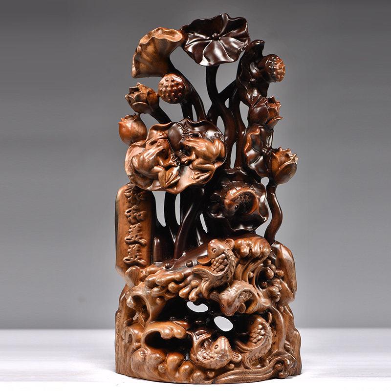 乌木雕刻鱼根雕刻莲花动物装饰品红木家装工艺品桌面陈设年年
