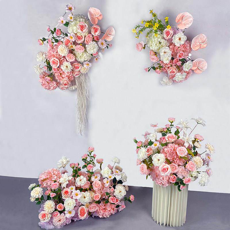 婚礼装饰粉色壁挂花艺 KT板墙面摄影背景布置彷真绢花挂花地排花