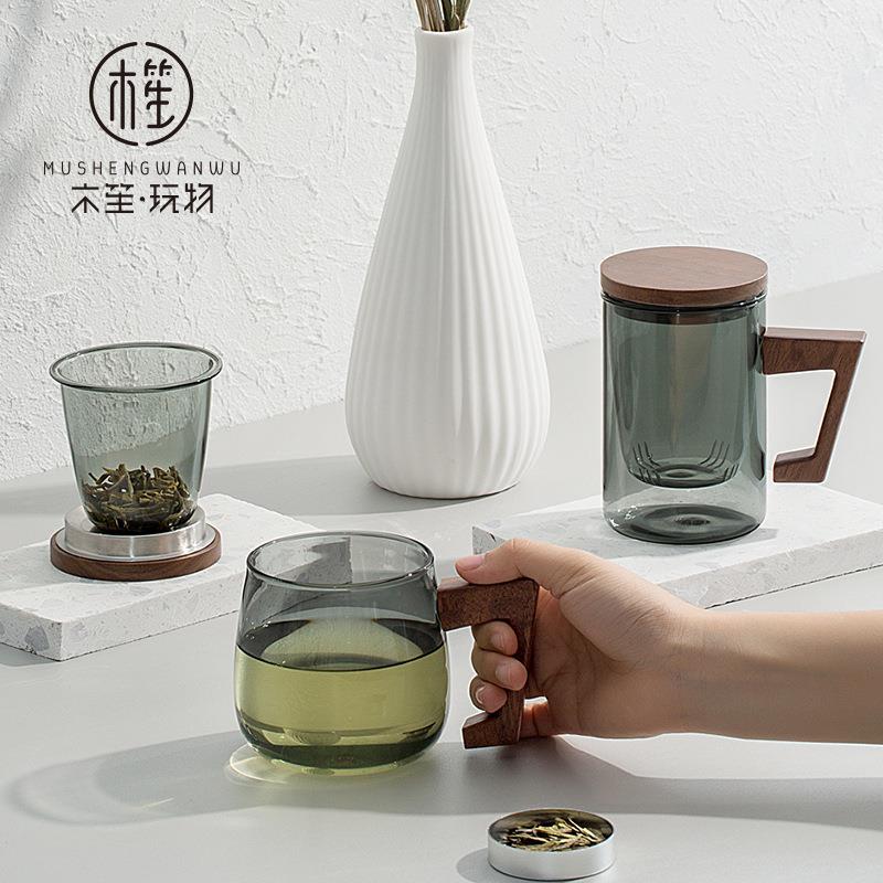 新款直销木笙玩物玻璃杯耐高温耐热防爆水杯办公室茶杯茶水分离杯