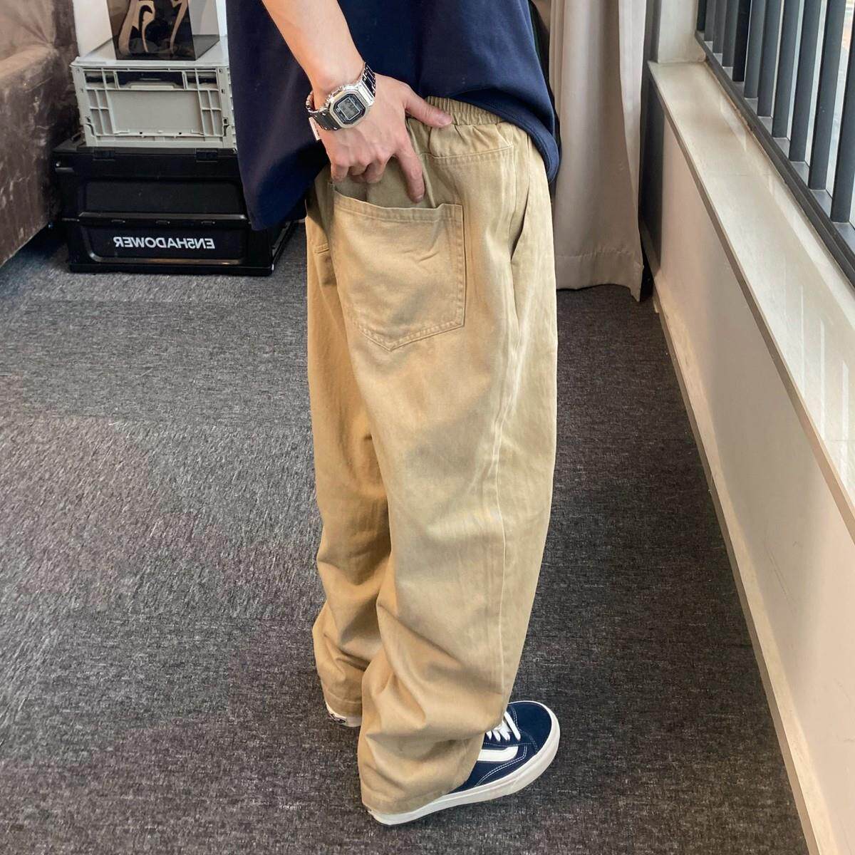 春秋hiphop裤子男款美式覆古直筒裤休闲 长裤日系卡其色工装裤男
