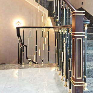 钛金黑复式别墅铝栏杆 楼梯室内平台安装花立柱护栏扶手配件厂家