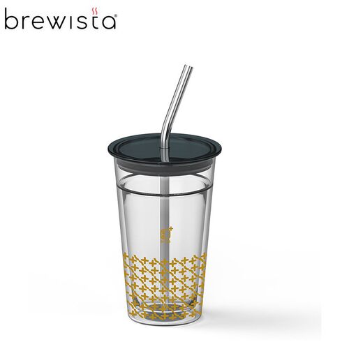 Brewista 耐热双层玻璃吸管杯 咖啡果汁杯带盖防烫随行水杯400ml