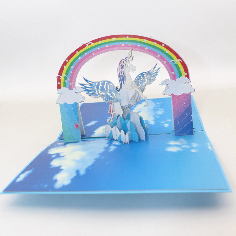 儿童节生日手工拼装剪纸创意3D立体贺卡激光镂空独角兽海磊厂家