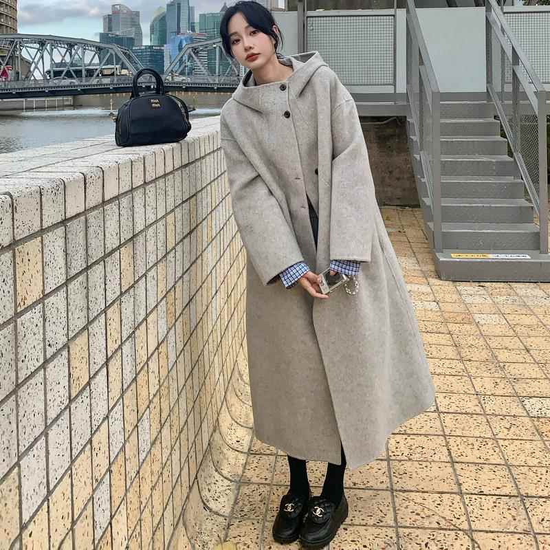 麦灰复古2B14-66英伦风呢双面羊大衣女秋冬毛新款连燕帽气质毛呢