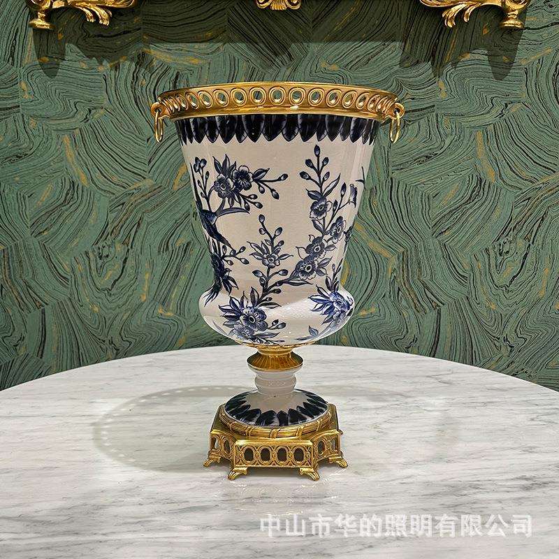 欧式摆设美式客厅餐厅玄关装饰品复古铜配瓷花瓶花器花插工艺品