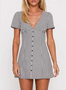 Women's Plaid Print Button Decor V Neck Dress Casual Short