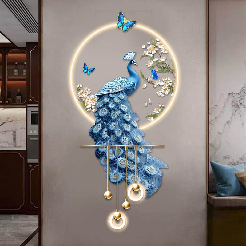 2025新款孔雀玄关装饰画高级感立体带LED壁灯画入户走廊过道挂画