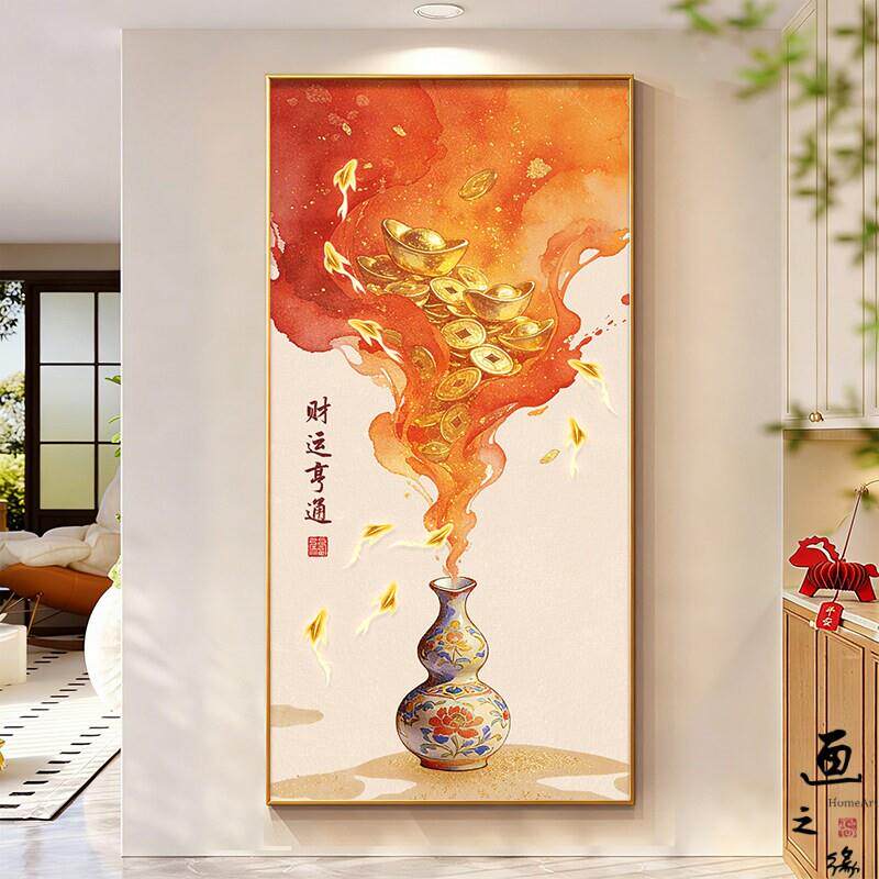 新中式葫芦玄关挂画红色九鱼聚财走廊过道装饰画大厅福禄寓意壁画