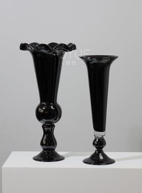 中古风黑色创意高脚风灯琉璃花瓶花瓣几何大口餐厅烛台软装饰品