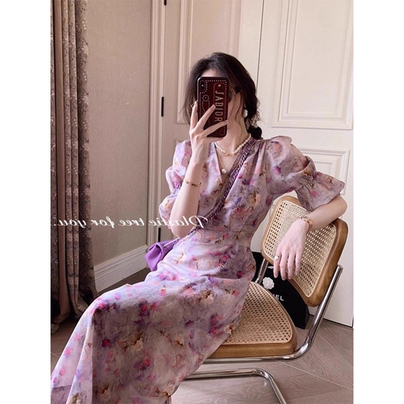 欧洲站夏季女装2026新款法式高级感气质V领碎花长裙子紫色洋装