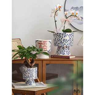 精致陶瓷小花盆青花瓷蝴蝶兰花盆高级感室内装饰复古瓷器兰花套盆