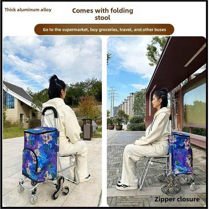 老人可折叠拉杆车家用带凳子购物爬楼梯小推车双层保温可拆卸水洗