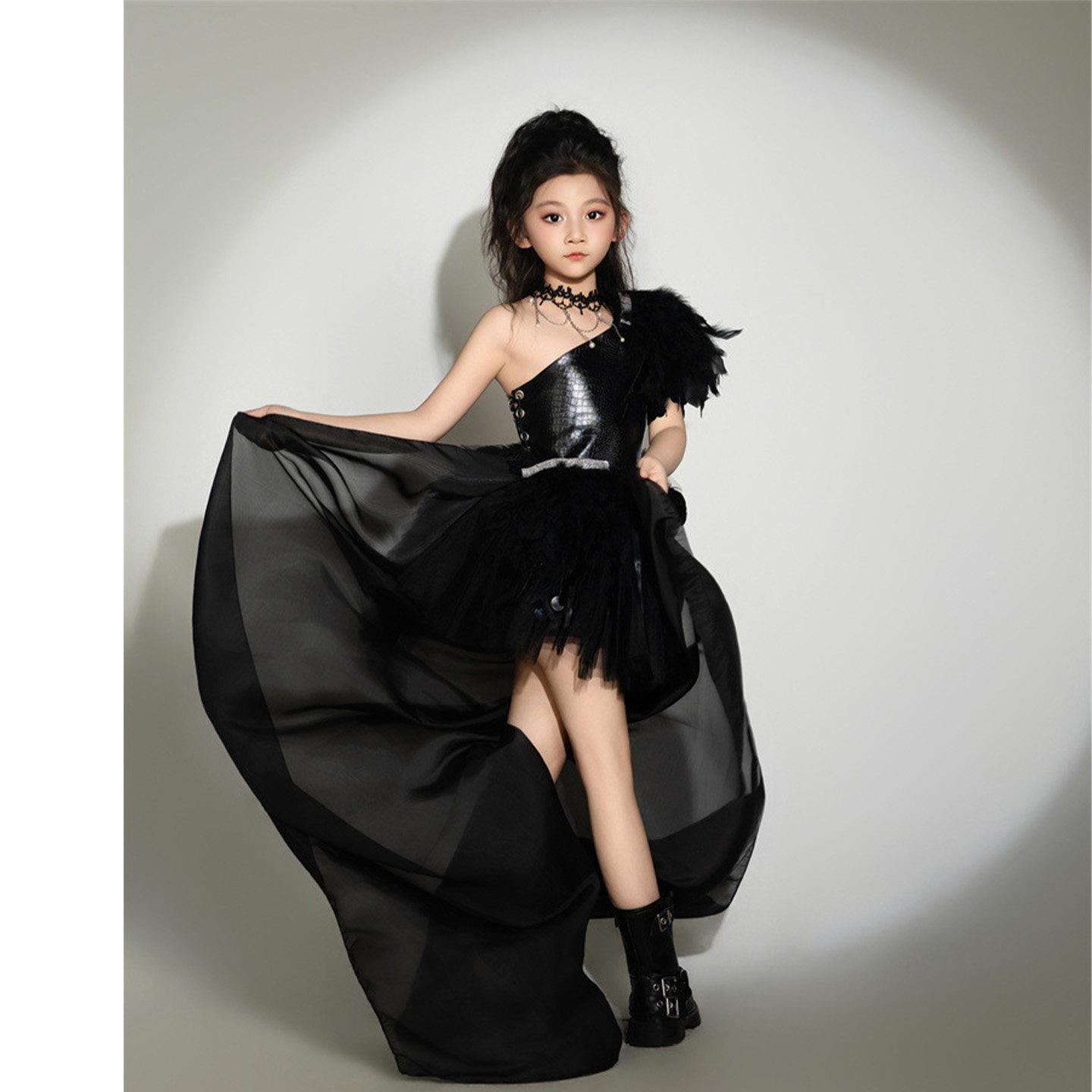 暗夜风黑色拖尾女童走秀表演服潮服少儿模特PK儿童T台时装秀比赛8