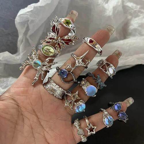 Y2K Crystal Rings Kpop Heart Adjustable Ring Irregular Geome