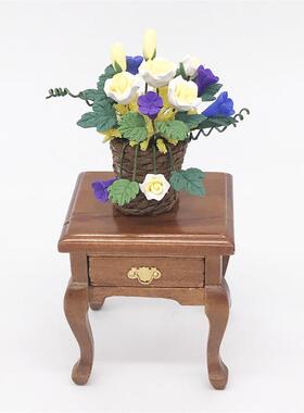 1:12迷你娃娃屋dollhouse花卉微缩花园客厅摆件编织篮黄玫瑰花盆