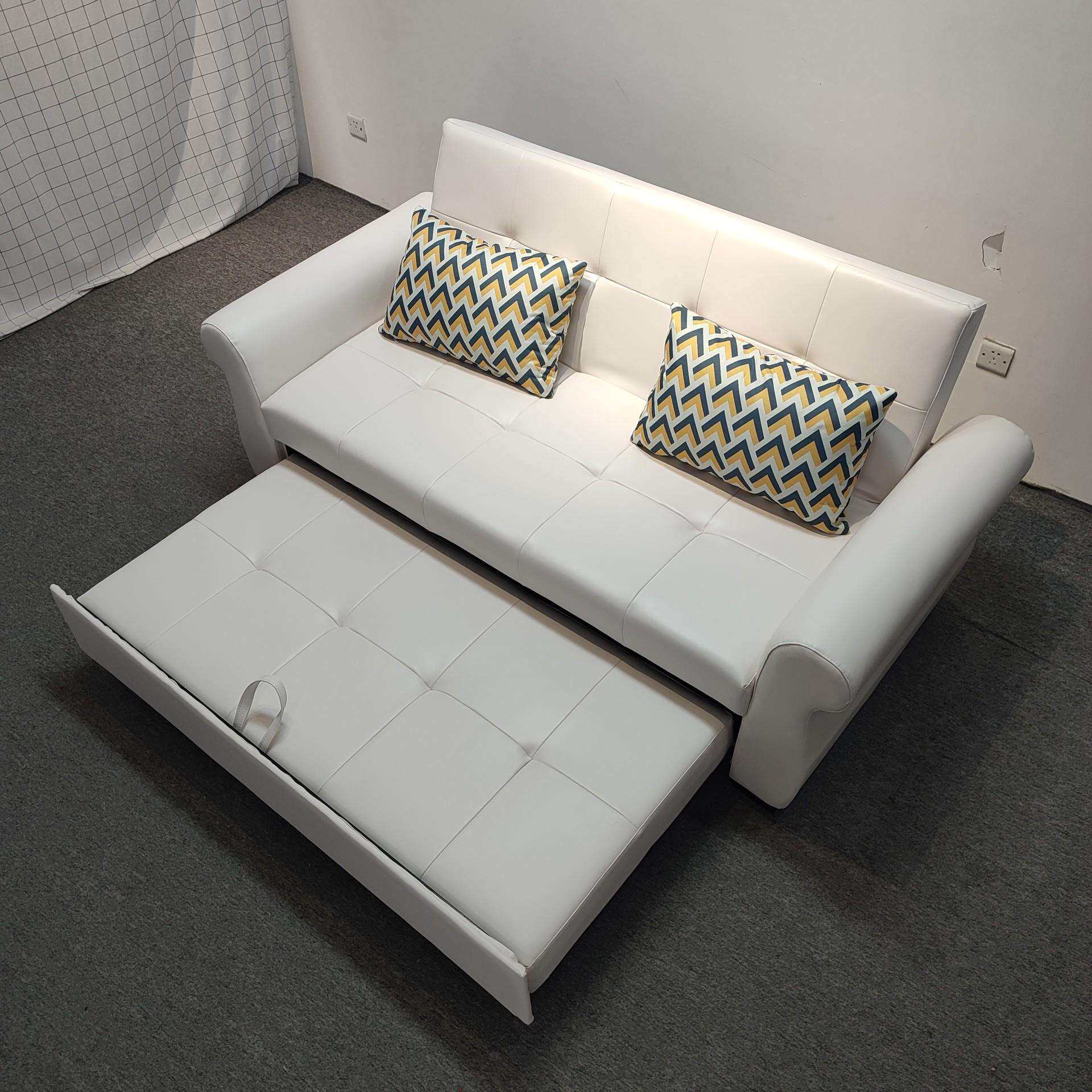 现代简约奶白皮艺双人沙发小户型客厅卧室两用折叠多功能沙发床