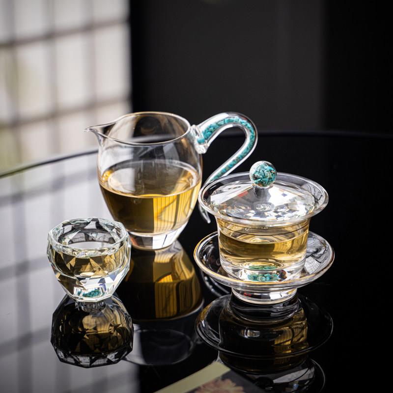 绿松石水晶玻璃轻奢盖碗茶杯高档家用整套三才盖碗功夫茶具套组