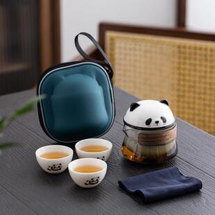 悠然熊猫陶瓷旅行小套装 收纳包一壶三杯快客杯旅行茶具 户外可携式