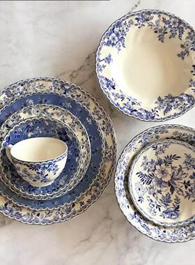 Vintage英式覆古青花陶瓷中西式釉下彩牛排盘深盘甜品碗家用餐盘