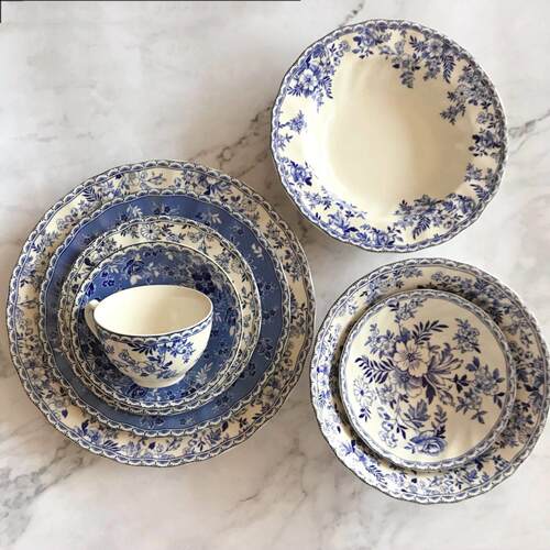 Vintage英式覆古青花陶瓷中西式釉下彩牛排盘深盘甜品碗家用餐盘