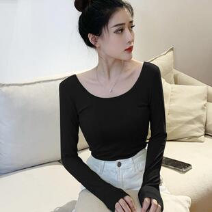 衣服女款秋黑色低领长袖打底衫2026新款紧身t恤修身u领内搭0927z