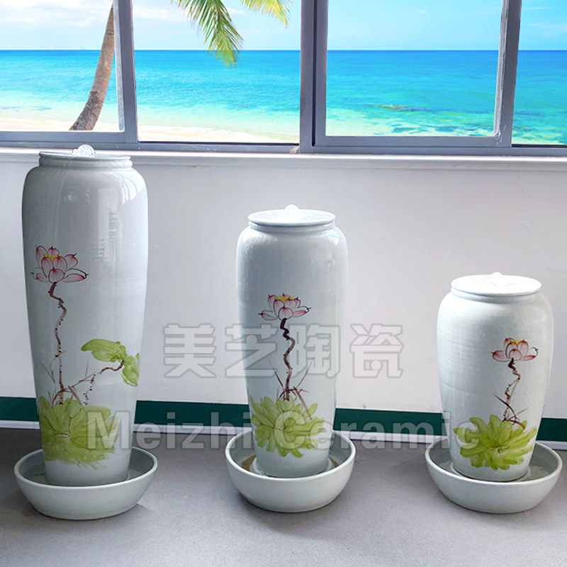 中式水墨荷花流水大花瓶循环水景陶罐冒水缸摆件景德镇陶瓷加湿器