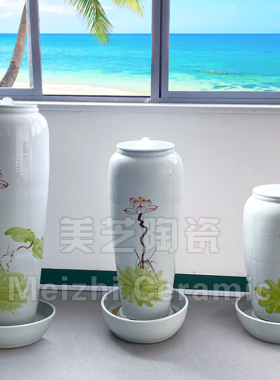 中式水墨荷花流水大花瓶循环水景陶罐冒水缸摆件景德镇陶瓷加湿器